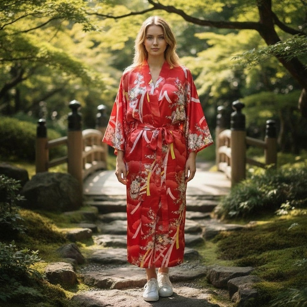 Authentic Japanese Kimono Satin Floral Robe Made in Japan One Size